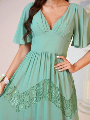 Elegant Atmosphere Mint Green V-Neck Bust Cups Chest Pleated Ruffle Short Sleeve Event Outdoor Wedding Lawn Wedding Formal Bridesmaid Dresses