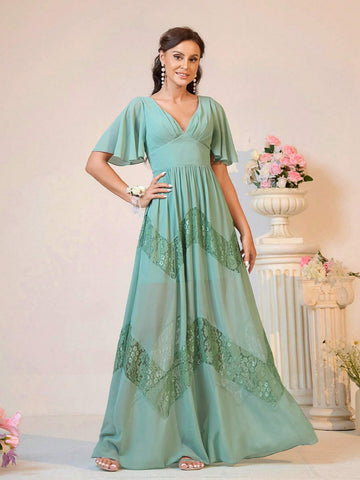 Elegant Atmosphere Mint Green V-Neck Bust Cups Chest Pleated Ruffle Short Sleeve Event Outdoor Wedding Lawn Wedding Formal Bridesmaid Dresses