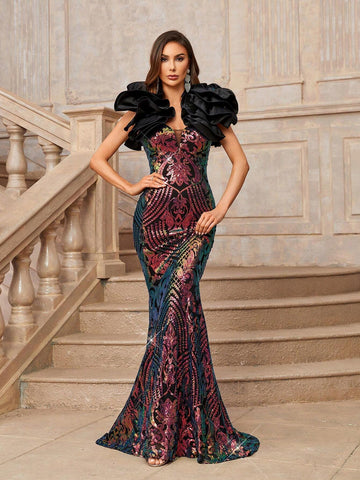 Elegant Atmosphere Multicolor Variegated Luxury Whole Piece Positioning Fine High Waist Slim Slimming Slimming Fishtail Trailing Wedding Wedding Event Event Ramadan Festivals Heavy Dinning Ball Gowns