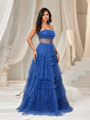 Elegant Atmosphere Romantic Bustier Three-Dimensional Flowers Ruffles Waist Mesh  Bachelorette Bash Party Graduation Party To Attend A Wedding Event Heavy Duty Dinner Dance Dresses