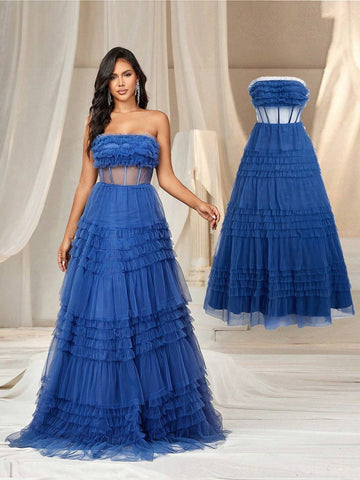 Elegant Atmosphere Romantic Bustier Three-Dimensional Flowers Ruffles Waist Mesh  Bachelorette Bash Party Graduation Party To Attend A Wedding Event Heavy Duty Dinner Dance Dresses