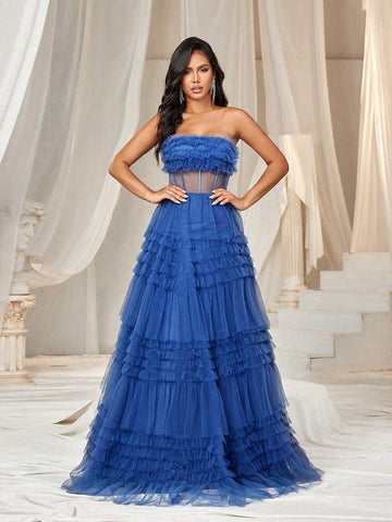 Elegant Atmosphere Romantic Bustier Three-Dimensional Flowers Ruffles Waist Mesh  Bachelorette Bash Party Graduation Party To Attend A Wedding Event Heavy Duty Dinner Dance Dresses