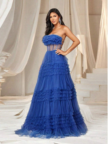 Elegant Atmosphere Romantic Bustier Three-Dimensional Flowers Ruffles Waist Mesh  Bachelorette Bash Party Graduation Party To Attend A Wedding Event Heavy Duty Dinner Dance Dresses