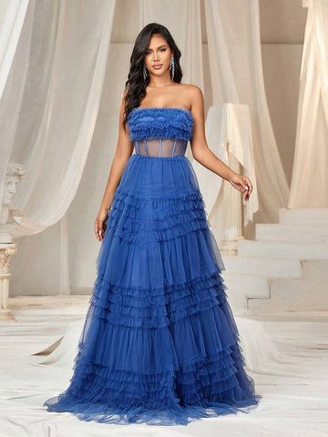 Elegant Atmosphere Romantic Bustier Three-Dimensional Flowers Ruffles Waist Mesh  Bachelorette Bash Party Graduation Party To Attend A Wedding Event Heavy Duty Dinner Dance Dresses