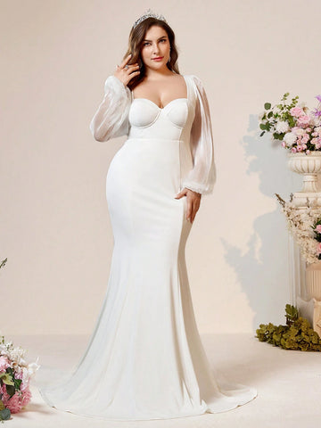 Elegant Atmosphere Simple White Plus Size Inclusive Luster Knit Square Neck Chest Cup High Waist Skinny See-Through Fine Shiny Luster Mesh Long Sleeve Splicing Slim Oversized Skirt Tail Drag Back Strap Outdoor Indoor Wedding Romantic Wedding Dresses