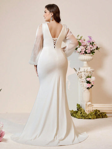 Elegant Atmosphere Simple White Plus Size Inclusive Luster Knit Square Neck Chest Cup High Waist Skinny See-Through Fine Shiny Luster Mesh Long Sleeve Splicing Slim Oversized Skirt Tail Drag Back Strap Outdoor Indoor Wedding Romantic Wedding Dresses