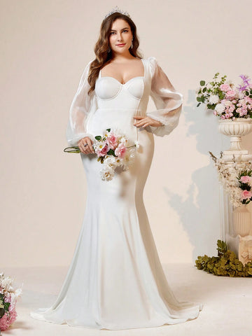 Elegant Atmosphere Simple White Plus Size Inclusive Luster Knit Square Neck Chest Cup High Waist Skinny See-Through Fine Shiny Luster Mesh Long Sleeve Splicing Slim Oversized Skirt Tail Drag Back Strap Outdoor Indoor Wedding Romantic Wedding Dresses