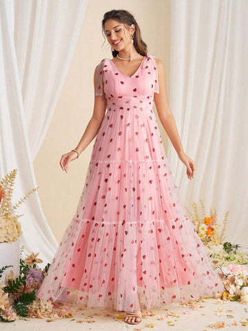 Elegant Beaded Embroidery V-Neck Dress With Bow And Fluffy Patchwork