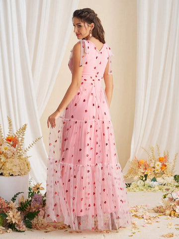 Elegant Beaded Embroidery V-Neck Dress With Bow And Fluffy Patchwork