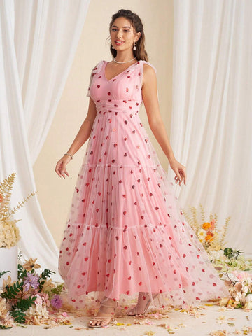 Elegant Beaded Embroidery V-Neck Dress With Bow And Fluffy Patchwork