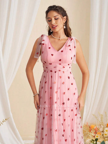 Elegant Beaded Embroidery V-Neck Dress With Bow And Fluffy Patchwork