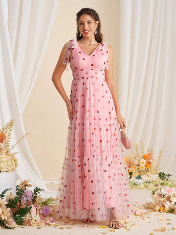 Elegant Beaded Embroidery V-Neck Dress With Bow And Fluffy Patchwork