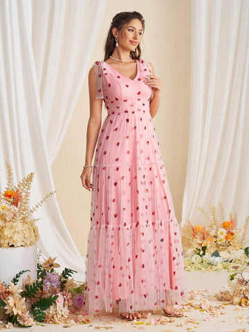 Elegant Beaded Embroidery V-Neck Dress With Bow And Fluffy Patchwork