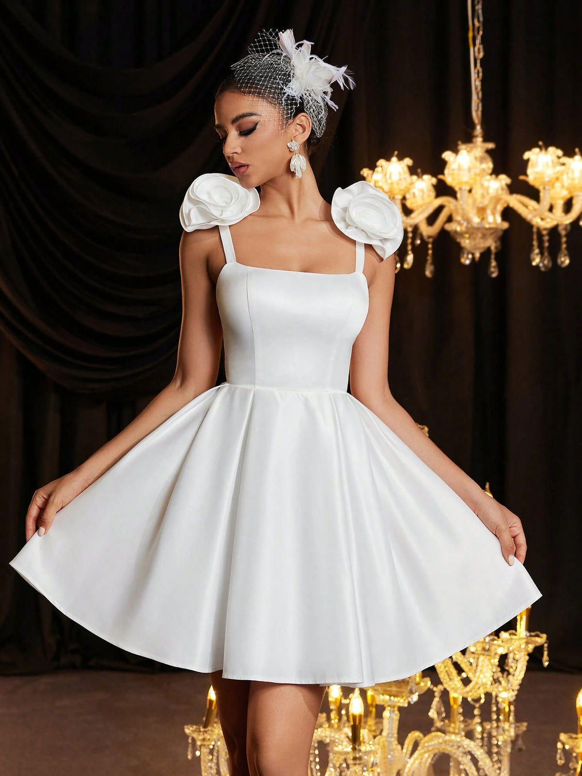 Elegant Beige 3D Floral Ruched Full Swing Dress, Suitable For Weddings, Parties, Vacations, Bridal Shower, Gift