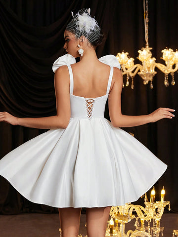 Elegant Beige 3D Floral Ruched Full Swing Dress, Suitable For Weddings, Parties, Vacations, Bridal Shower, Gift