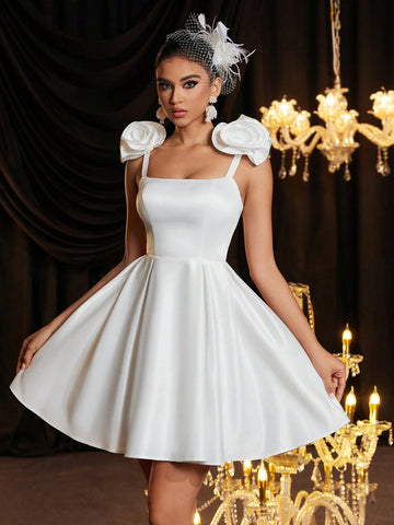 Elegant Beige 3D Floral Ruched Full Swing Dress, Suitable For Weddings, Parties, Vacations, Bridal Shower, Gift