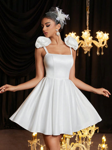 Elegant Beige 3D Floral Ruched Full Swing Dress, Suitable For Weddings, Parties, Vacations, Bridal Shower, Gift