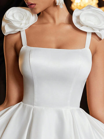 Elegant Beige 3D Floral Ruched Full Swing Dress, Suitable For Weddings, Parties, Vacations, Bridal Shower, Gift