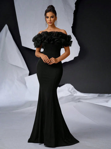 Elegant Black 3D Floral Mesh Mermaid Knit Bodycon Off Shoulder Floor-Length Wedding/Event Dress (Heavy)