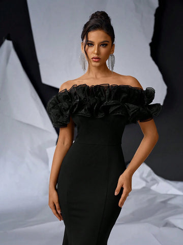 Elegant Black 3D Floral Mesh Mermaid Knit Bodycon Off Shoulder Floor-Length Wedding/Event Dress (Heavy)