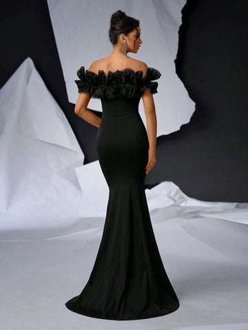Elegant Black 3D Floral Mesh Mermaid Knit Bodycon Off Shoulder Floor-Length Wedding/Event Dress (Heavy)