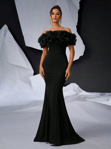 Elegant Black 3D Floral Mesh Mermaid Knit Bodycon Off Shoulder Floor-Length Wedding/Event Dress (Heavy)