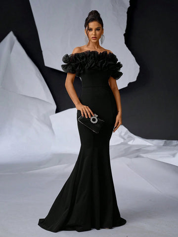 Elegant Black 3D Floral Mesh Mermaid Knit Bodycon Off Shoulder Floor-Length Wedding/Event Dress (Heavy)