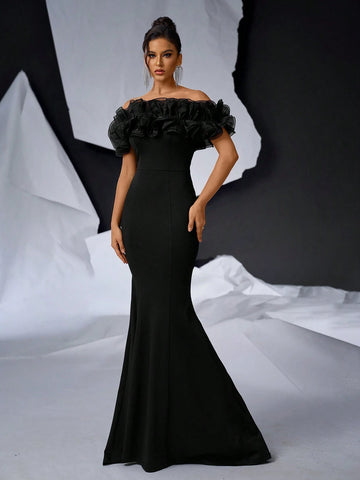Elegant Black 3D Floral Mesh Mermaid Knit Bodycon Off Shoulder Floor-Length Wedding/Event Dress (Heavy)