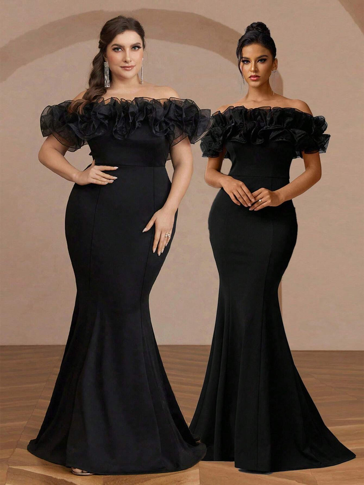 Elegant Black 3D Floral Mesh Mermaid Knit Bodycon Off Shoulder Floor-Length Wedding/Event Dress (Heavy)