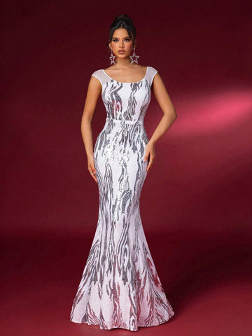 Elegant Black And White Zebra Print Round Neck Mesh Splicing Small Cap Sleeves Beaded Chest Cups Waist Section High Waist Thin And Floor Length Trailing Hem Back Neck Hollow Dating Bachelorette Party Wedding Event Heavy Duty Dinner Dresses