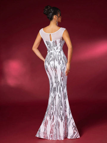 Elegant Black And White Zebra Print Round Neck Mesh Splicing Small Cap Sleeves Beaded Chest Cups Waist Section High Waist Thin And Floor Length Trailing Hem Back Neck Hollow Dating Bachelorette Party Wedding Event Heavy Duty Dinner Dresses