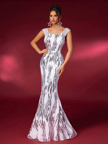 Elegant Black And White Zebra Print Round Neck Mesh Splicing Small Cap Sleeves Beaded Chest Cups Waist Section High Waist Thin And Floor Length Trailing Hem Back Neck Hollow Dating Bachelorette Party Wedding Event Heavy Duty Dinner Dresses