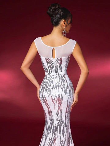 Elegant Black And White Zebra Print Round Neck Mesh Splicing Small Cap Sleeves Beaded Chest Cups Waist Section High Waist Thin And Floor Length Trailing Hem Back Neck Hollow Dating Bachelorette Party Wedding Event Heavy Duty Dinner Dresses