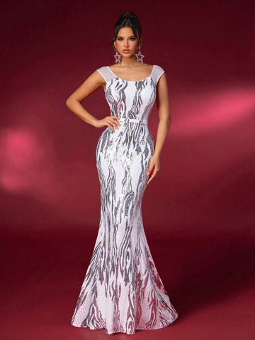 Elegant Black And White Zebra Print Round Neck Mesh Splicing Small Cap Sleeves Beaded Chest Cups Waist Section High Waist Thin And Floor Length Trailing Hem Back Neck Hollow Dating Bachelorette Party Wedding Event Heavy Duty Dinner Dresses