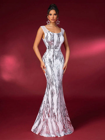 Elegant Black And White Zebra Print Round Neck Mesh Splicing Small Cap Sleeves Beaded Chest Cups Waist Section High Waist Thin And Floor Length Trailing Hem Back Neck Hollow Dating Bachelorette Party Wedding Event Heavy Duty Dinner Dresses