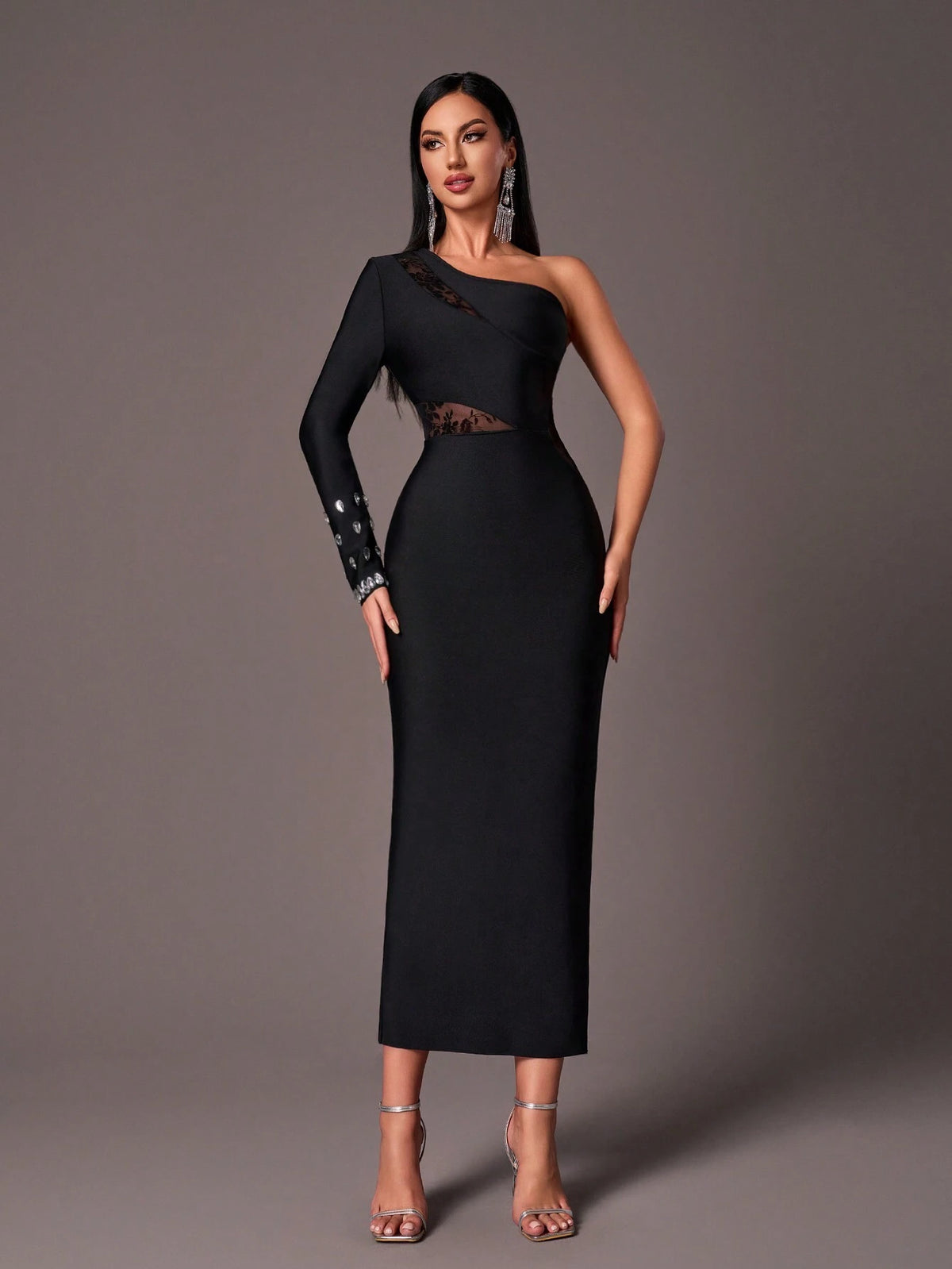 Elegant Black Asymmetrical Shoulder Long Sleeve Handmade Rhinestone Patchwork Velvet & Mesh Sheer Patchwork Slit Fitted Formal Gown