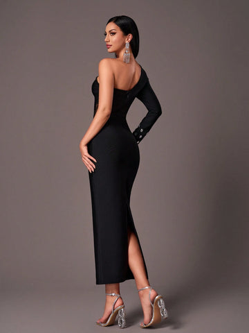 Elegant Black Asymmetrical Shoulder Long Sleeve Handmade Rhinestone Patchwork Velvet & Mesh Sheer Patchwork Slit Fitted Formal Gown