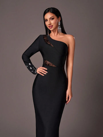 Elegant Black Asymmetrical Shoulder Long Sleeve Handmade Rhinestone Patchwork Velvet & Mesh Sheer Patchwork Slit Fitted Formal Gown