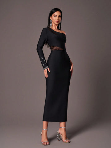 Elegant Black Asymmetrical Shoulder Long Sleeve Handmade Rhinestone Patchwork Velvet & Mesh Sheer Patchwork Slit Fitted Formal Gown