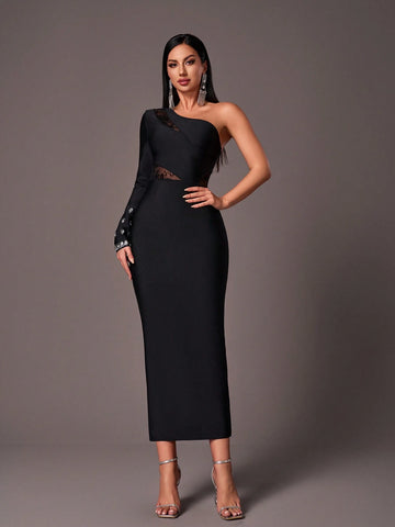 Elegant Black Asymmetrical Shoulder Long Sleeve Handmade Rhinestone Patchwork Velvet & Mesh Sheer Patchwork Slit Fitted Formal Gown