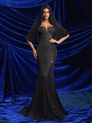 Elegant Black Fine Sequined Mesh Mesh With Hood, High Waist, Slim Fit And Floor-Length Hem (Multiple Ways To Wear) Heavy Industry Dinner Dress