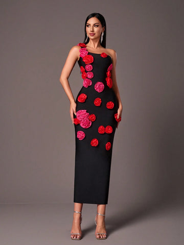 Elegant Black Floral Strap Bodycon Mermaid Dress, Suitable For Parties, Weddings, Occasions