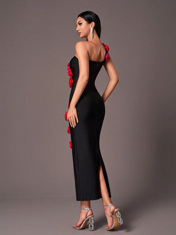 Elegant Black Floral Strap Bodycon Mermaid Dress, Suitable For Parties, Weddings, Occasions