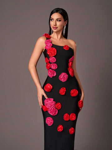 Elegant Black Floral Strap Bodycon Mermaid Dress, Suitable For Parties, Weddings, Occasions