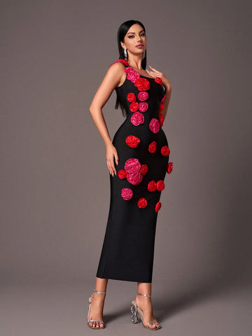 Elegant Black Floral Strap Bodycon Mermaid Dress, Suitable For Parties, Weddings, Occasions