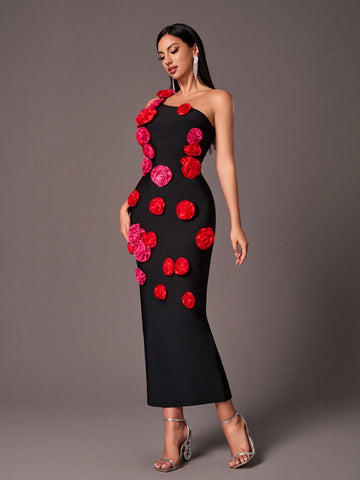 Elegant Black Floral Strap Bodycon Mermaid Dress, Suitable For Parties, Weddings, Occasions