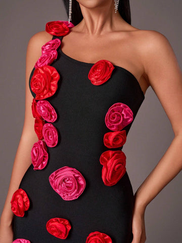 Elegant Black Floral Strap Bodycon Mermaid Dress, Suitable For Parties, Weddings, Occasions
