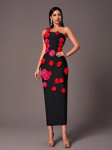 Elegant Black Floral Strap Bodycon Mermaid Dress, Suitable For Parties, Weddings, Occasions