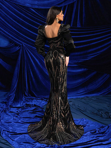 Elegant Black Glamorous Ombre Sequin Patchwork Satin Lantern Sleeve Square Neck Boned Ruffle Decor High Waist Slimming Fishtail Floor Length Evening Gown