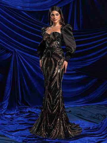 Elegant Black Glamorous Ombre Sequin Patchwork Satin Lantern Sleeve Square Neck Boned Ruffle Decor High Waist Slimming Fishtail Floor Length Evening Gown